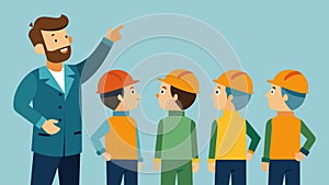 Workers look up to the foreman for guidance and approval as he directs them towards the next task.. Vector illustration. photo