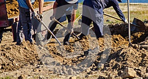 workers moving earth with shovels in an archaeological excavation