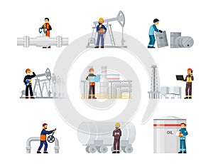 Workers oil and gas factories set. Oil worker in helmets and uniforms repairing pipes and drilling industrial wells