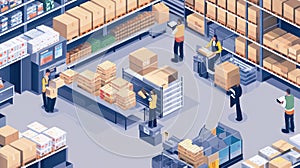 Workers organize and pack grocery orders in a modern isometric warehouse environment Generative AI