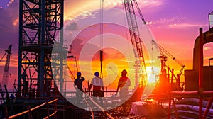 Workers overlooking a construction site at sunset