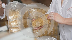 Workers packaging raw macaroni from the production line in a pasta manufactury