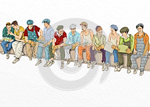 Workers pausing on a dinghy beam