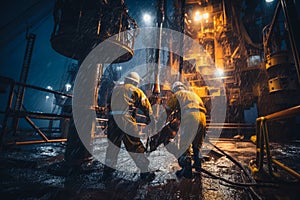 workers performing maintenance on offshore drilling rigs, during a storm at night, Generative AI