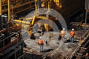 Workers are performing work at the base on an industrial maritime oil rig