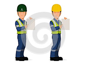 workers are pointing to the empty paper on white background