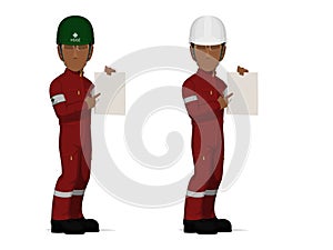 workers are pointing to the empty paper on white background