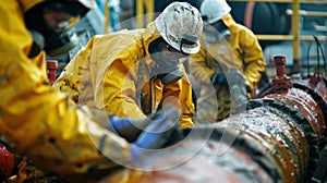 Workers in protective gear performing maintenance on a section of the subsea pipeline photo