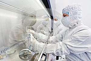 Workers in protective uniform at laboratory