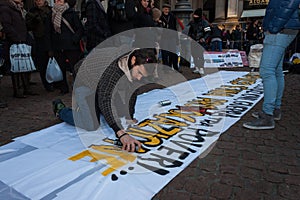 Workers protesting in front of La Scala opera house in Milan, Italy