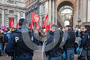 Workers protesting in front of La Scala opera house in Milan, Italy