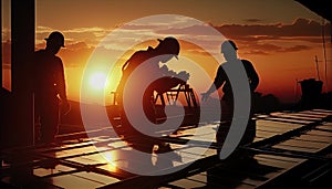 workers on roof at sunset