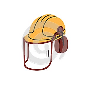 Workers safety helmet with face shield, protective mask. Industrial head protection, hardhat with visor. Hard hat with photo