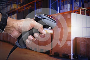 Workers Scanning Bar Code Scanner with Cargo Boxes. Shipping Supplies Warehouse. Computer Mobile Work Tools Inventory Management.