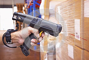 Workers Scanning Bar Code Scanner on Package Boxes. Shipping Warehouse. Computer Mobile Work Tools for Inventory Management.