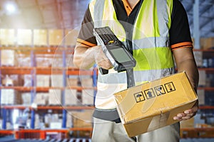 Workers Scanning Bar Code Scanner on Packaging Boxes. Shipping Storehouse. Storage Warehouse. Shipment Boxes. Computer Scanner