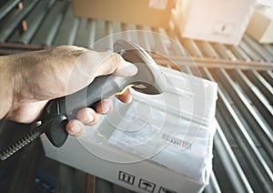 Workers Scanning Bar Code Scanner on Packaging Boxes. Shipping Storehouse. Warehouse. Shipment Boxes. Computer Scanner Worker.