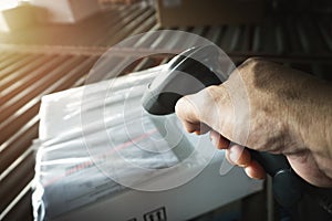 Workers Scanning Bar Code Scanner on Packaging Boxes. Shipping Storehouse. Warehouse. Shipment Boxes. Computer Scanner Mobile