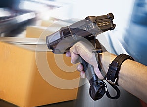 Workers Scanning Bar Code Scanner on Packaging Boxes. Shipping Warehouse. Computer Mobile Work Tools for Inventory Management.