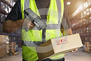 Workers Scanning Bar Code Scanner on Packaging Boxes. Shipping Warehouse. Shipment. Computer Mobile Work Tool Inventory Management