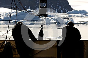 Workers on ship in Antarctica