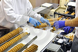 Workers sort biscuits on a conveyor belt in a factory - producti