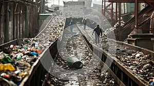 Workers sorting through recyclables on a conveyor belt at a waste processing facility.
