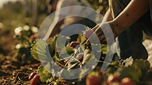 Workers on a strawberry farm knelt down in the fields plucking the plump deep red fruits from their stems. The rich photo