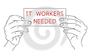 IT Workers or Support Needed. Message of Hiring Computer Scientists on paper. Editable hand drawn contour. Sketch in