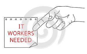 IT Workers or Support Needed. Message of Hiring Computer Scientists on paper. Editable hand drawn contour. Sketch in