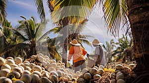 Workers on Thai coconut farms cultivate and harvest.AI Generated