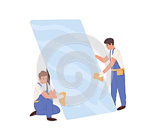 Workers in uniform cleaning big glass. Glaziers installing window or protective phone screen. Colored flat vector