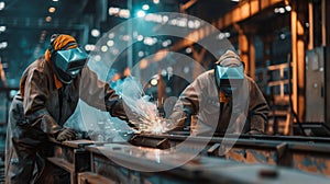 workers in uniform and protective masks are welding the structure on the construction