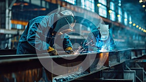 workers in uniform and protective masks are welding the structure on the construction