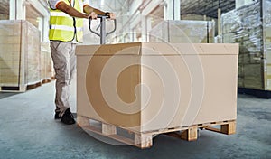 Workers Unloading Cargo Boxes on Pallets in Warehouse. Cartons Cardboard Boxes. Shipping Warehouse. Delivery. Shipment Goods.