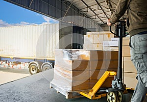 Workers Unloading Package Boxes into Container Truck. Warehouse Shipping. Supplies Shipment, Freight Truck, Cargo Transport