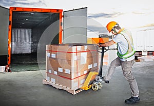 Workers Unloading Package Boxes into Container Truck. Warehouse Shipping, Supply Chain. Logistics, Cargo Transport.