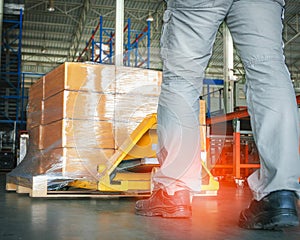 Workers Unloading Package Boxes on Pallet in Warehouse. Delivery Service. Supply Chain Shipment Goods.