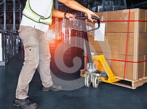 Workers Unloading Package Boxes on Pallet in Warehouse. Supply Chain Shipment Goods. Distribution Supplies Warehouse Logistic.