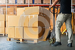 Workers Unloading Package Boxes on Pallets in Warehouse. Supply Chain Shipment Goods. Distribution Supplies Warehouse Logistic.