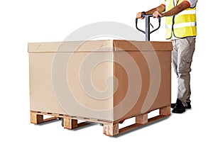 Workers Unloading Packaging Boxes on Pallet. Isolated on White Background. Shipping Supplies Warehouse. Delivery. Shipment Boxes