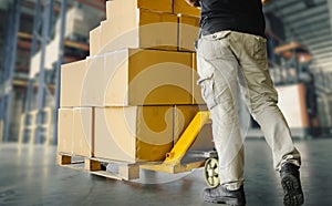Workers Unloading Packaging Boxes on Pallet in Storage Warehouse. Cardboard Boxes. Shipping Supplies Warehouse. Shipment Boxes.