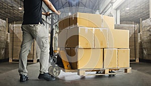 Workers Unloading Packaging Boxes on Pallets in Warehouse. Cartons Cardboard Boxes. Shipping Warehouse. Delivery. Shipment Goods.