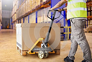 Workers Unloading Packaging Boxes on Pallets in Warehouse. Cartons Cardboard Boxes. Shipping Warehouse. Delivery. Shipment Goods.