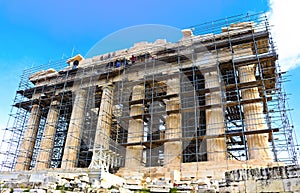 Workers up high on scaffoling for restoration work on the ancient Parthenon on the Accropolis in Athens Greece 1 - 3 - 2018