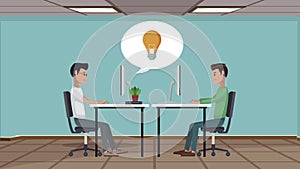 workers using desktops with bulb in speech bubble