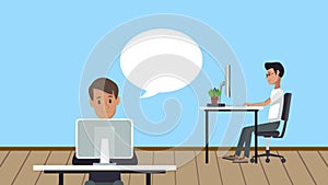 workers using desktops with speech bubble