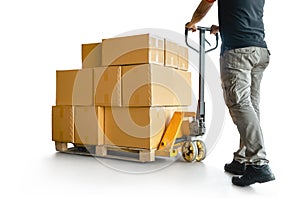 Workers Using Hand Pallet Truck Unloading Packaging Boxes on Pallet. Isolated on White Background. Shipping Warehouse. Delivery.