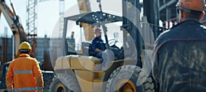 Workers using hand signals and verbal cues to guide a large forklift through a busy construction site photo