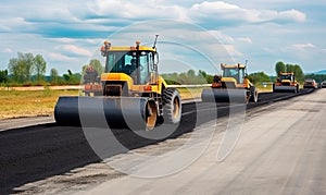 Workers using heavy machinery to lay new asphalt road at construction site. Creating using generative AI tools